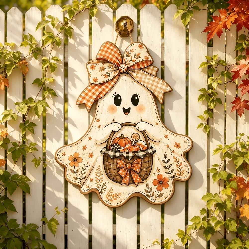 2D Flat Halloween Ghost Wood Door Hanger Rustic Style Whimsical Fall Harvest Door Plaque Cartoon Pattern Fade Resistant