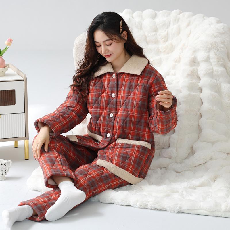 Pajamas Women'S Winter Three-Layer Thickened Fleece Woven Cotton Padded Coral Fleece Autumn And Winter Loungewear