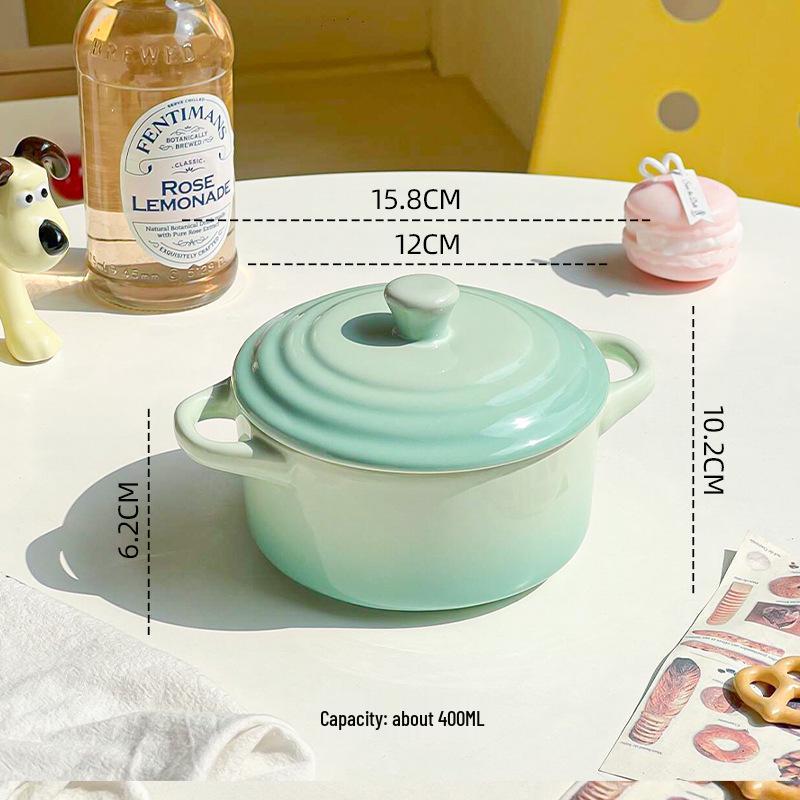 Gradient Color Ceramic Stew Pot with Lid, Double-Ear Design, Egg Steaming Bowl, Double Boiler, Microwave Safe Baking Bowl for Household Use