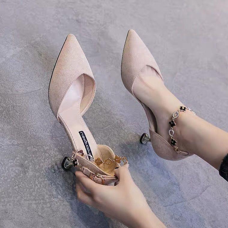 Autumn women's shoes new one-word buckle high heels thin heel versatile pointed head shallow mouth single shoes fairy fairy wind middle heel
