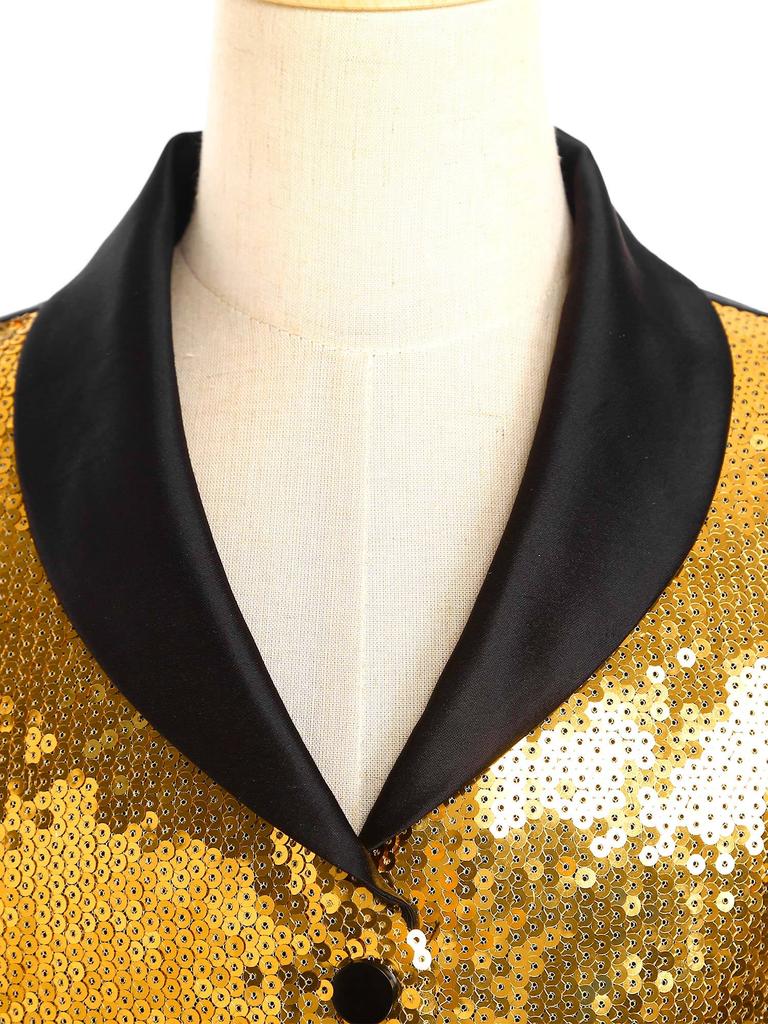 Třpytivá pódiová vesta pro dívky: Saténová vesta s kontrastními barvami, klopovým výstřihem a patentkami, Nezbytnost pro taneční kostým