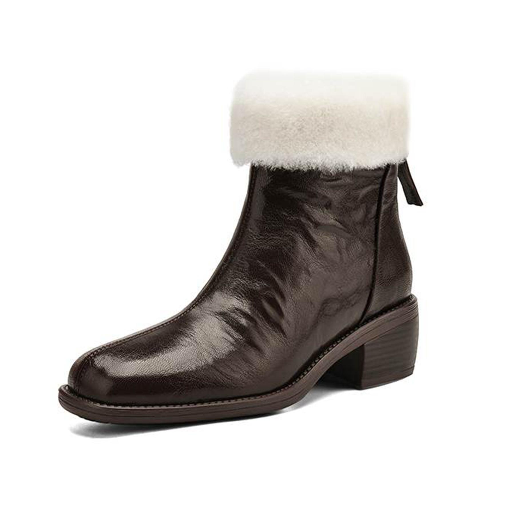 

Krazing Pot Sheepskin Pleated Decoration Autumn Winter Shoes Chunky Heels Size 43 Size 42 Round Toe Zipper Retro fur Ankle Boots 39 коричневый