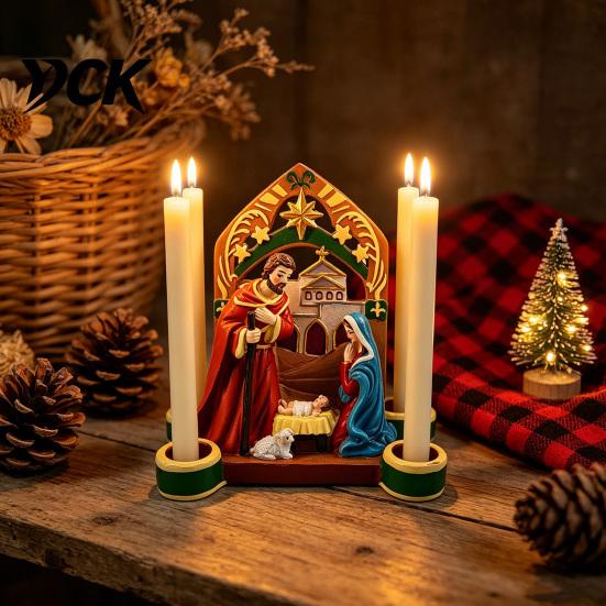 Resin Holy Family Ornaments Christmas Nativity Scene Candle Holder, Manger Figurine with 4 Seasonal Atmosphere Accessories Slots, Vintage Candlestick