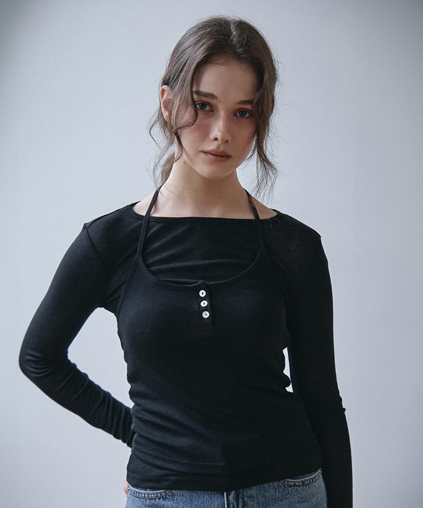 Bember Button-Detail Bustier Layered T-Shirt_Black