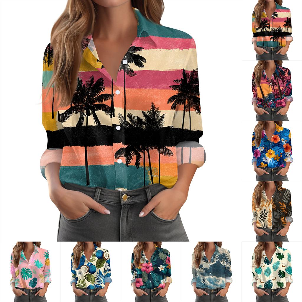 Womens Spring Tops Button Down Printed Blouse Summer Shirts for Women Casual Long Sleeve Womens Summer Shirts