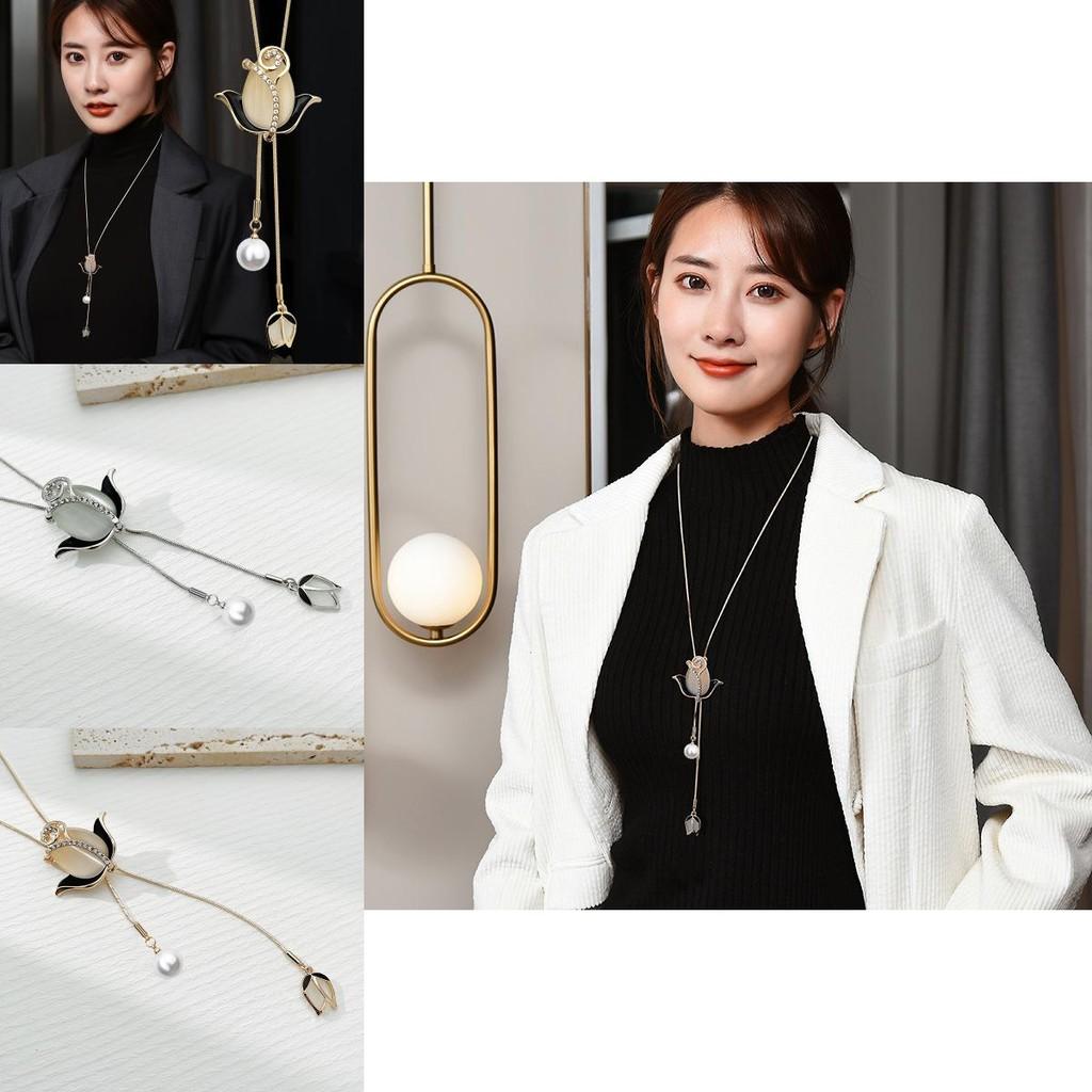 Elegante Koreanische Lange Halskette Mit Tulpen Katzenaugenstein Blumenanhänger Ideal Für Wintermode