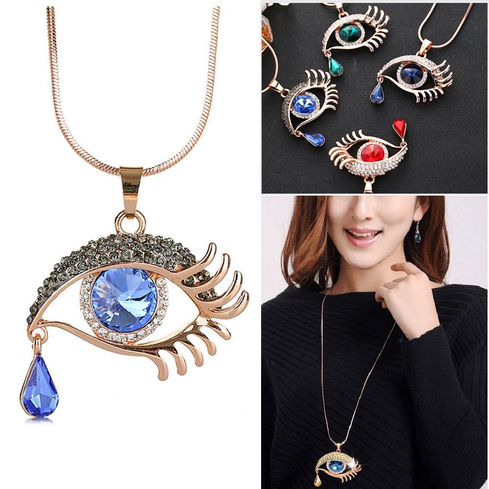Buy Girl Gift Jewelry Women Crystal Pendant Rhinestone Necklace Blue Eye Charm Sweater Chain at