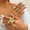 8 Stuks/Set Vintage Metalen Bloemblaadje Bloem Waterdruppel Open Ringen Voor Vrouwen Oceaan Vakantie Geometrische Ring Dagelijkse Sieraden Cadeau