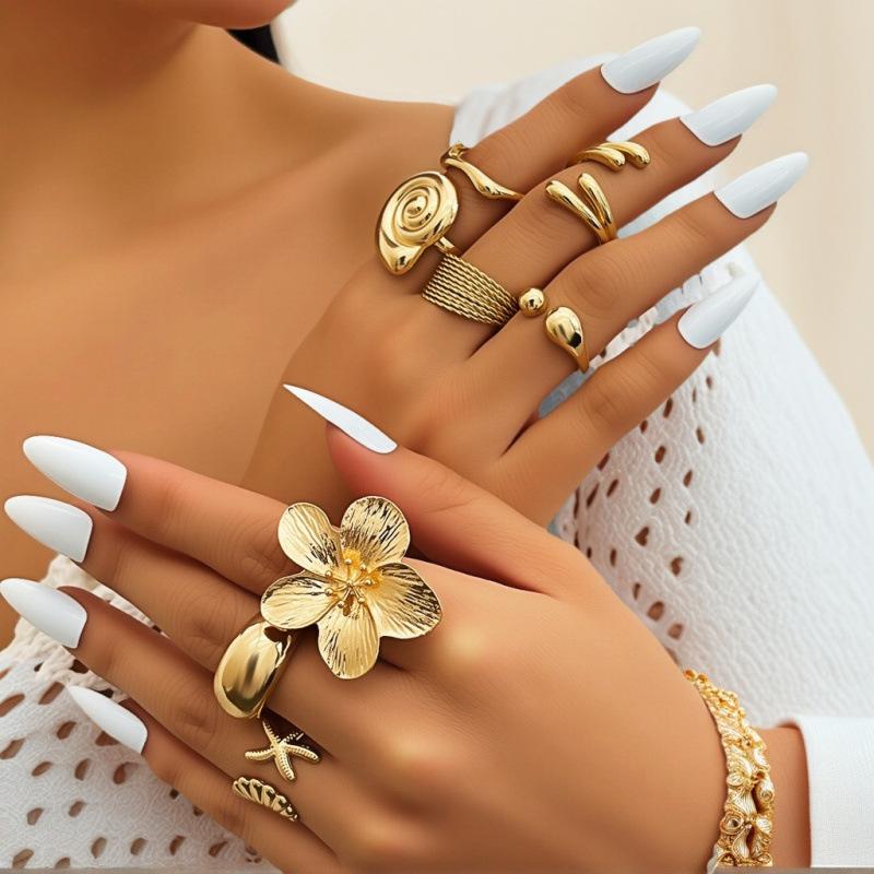 8 Stuks/Set Vintage Metalen Bloemblaadje Bloem Waterdruppel Open Ringen Voor Vrouwen Oceaan Vakantie Geometrische Ring Dagelijkse Sieraden Cadeau