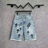 Streetwear Cross Patch Denim Shorts Men Relaxed Fit Ripped Vintage Wash Mid Length