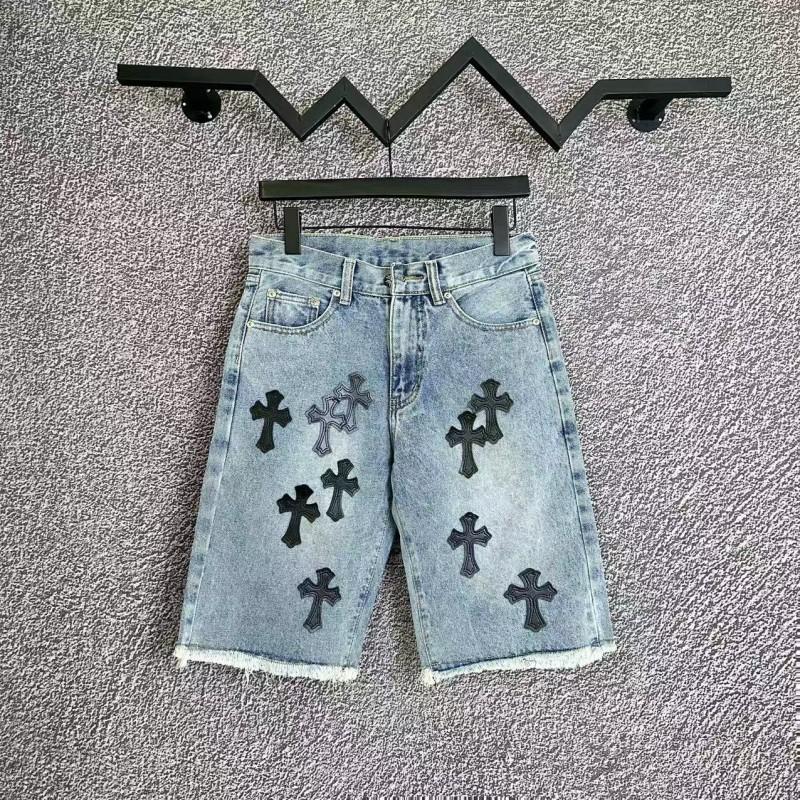 Streetwear Cross Patch Denim Shorts Men Relaxed Fit Ripped Vintage Wash Mid Length