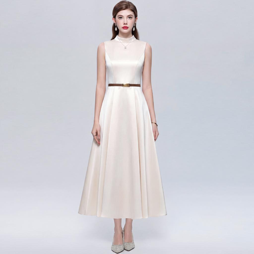 Elegant Sleeveless Round-Neck Slimming Satin A-Line Maxi Dress for Women Vintage Solid Mid Length Prom Birthday Party Formal Dress