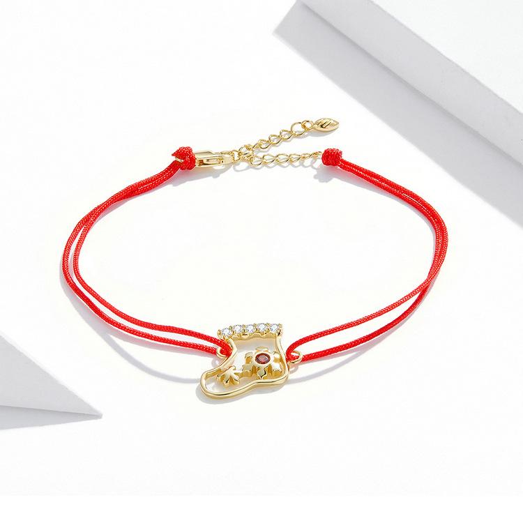 Everle Christmas Stocking Bracelet: Hand Rope Sterling Silver S925 with Gold Plated Zircon, Red Hollow Stocking Design