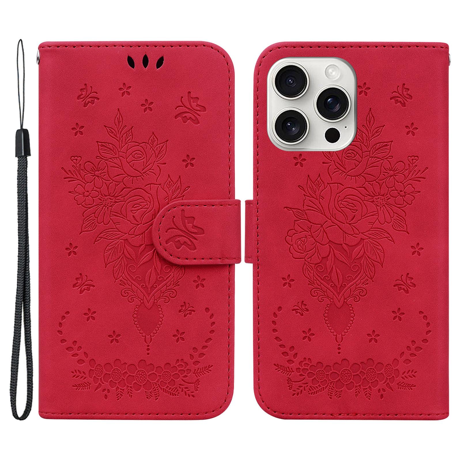 

For iPhone 16 Pro Max Wallet Case PU Leather Phone Cover Butterfly Flower Imprint Red