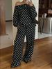 Womens Polka Dot Print Off Shoulder Long Sleeve Loose Casual Two Piece Sweatshirt Pant Set