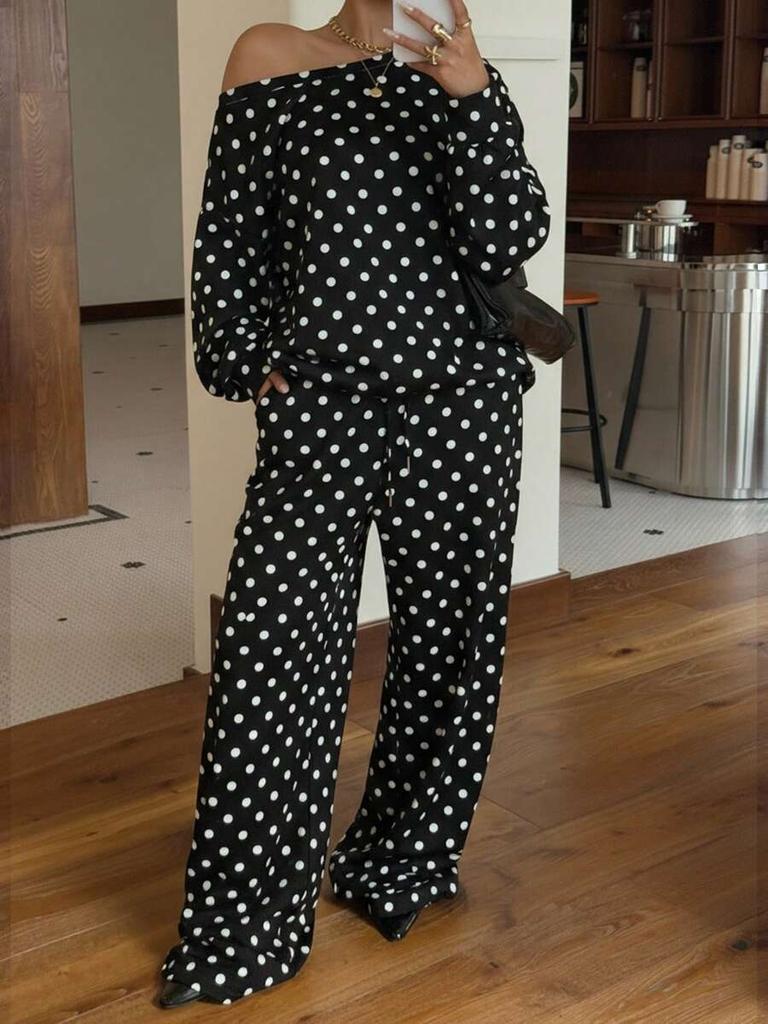 Womens Polka Dot Print Off Shoulder Long Sleeve Loose Casual Two Piece Sweatshirt Pant Set