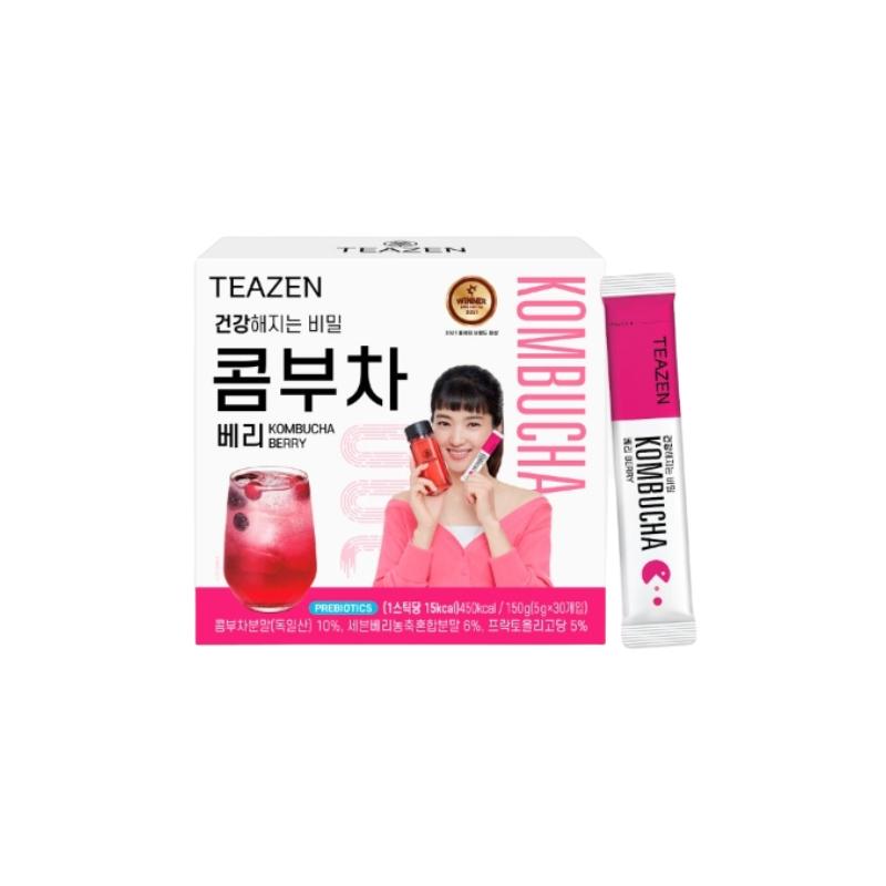 TEAZEN Lemon Kombucha Tea, bez cukru, musująca, fermentowana, w proszku, żywe probiotyki i prebiotyki, 10,30 saszetek po 5 g na saszetkę