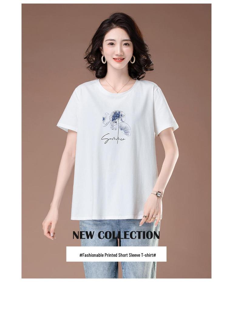 Women's Plus Size Short-Sleeve Cotton T-Shirt - Summer Printed Casual Loose Fit for Middle-Aged Moms