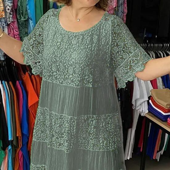 Summer Women Dress Hollow Out Lace Round Neck Pleated Solid Color Mid-calf