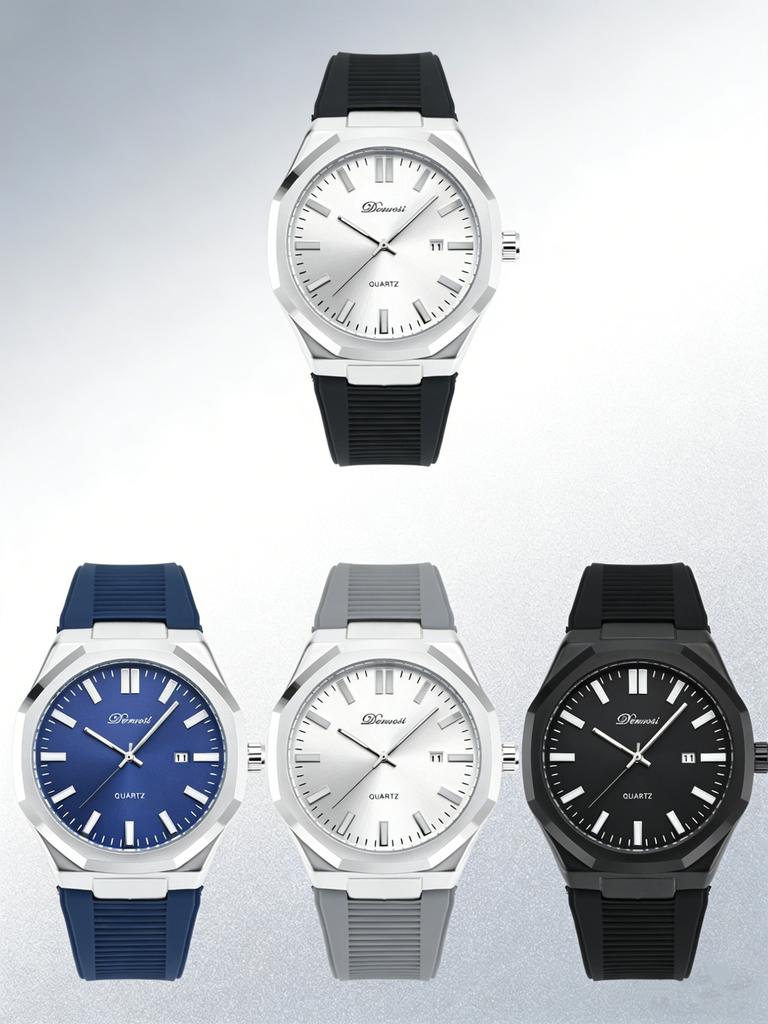 Denvosi Men's Quartz Watch - Octagon Case Silicone Strap Waterproof Wristwatch with Date Function Casual Business Fashion Wat