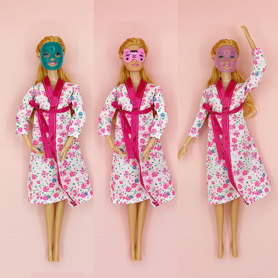 Handgefertigter Bademantel für 11,5 Zoll/30 cm Puppen Niedliche Mini-Artikel Gesichtsmasken-Haarschmuck-Set Miniaturspielzeug für Mädchen Spielset