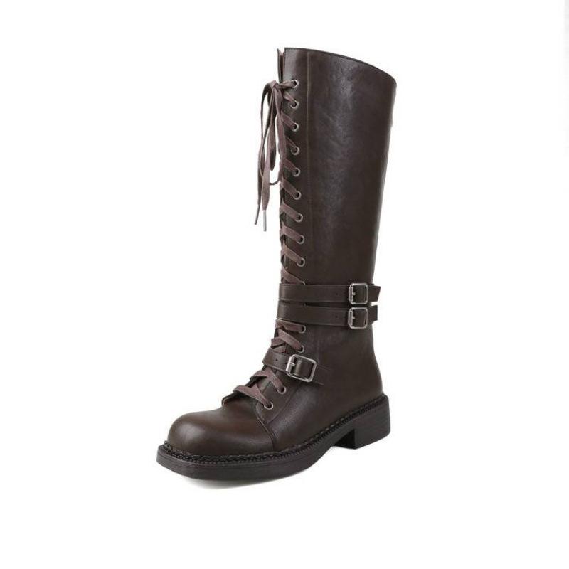 Herbst- und Winter Damen Leder Ritterstiefel dicksohlige rutschfeste Gummisohle Schnürung mittlerer Absatz Übergröße Damenstiefel neue hohe Stiefel
