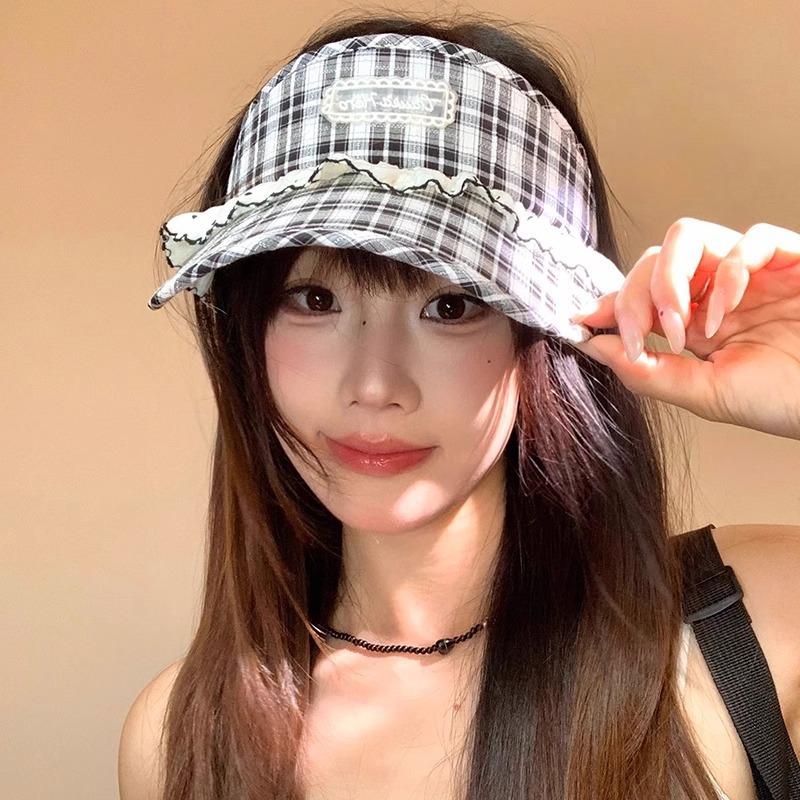 Sweet Lace Plaid Empty Top Hat for Children, Breathable and Versatile In Summer, Small Sunscreen Hat, Sunshade Peaked Cap