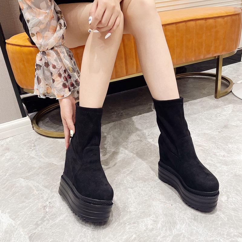 558-20 slope heel super high heel short boots 13CM waterproof platform muffin thick-soled elastic medium tube boots inner height increase women's sho
