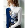 Women's Cheongsam Collar Long Sleeve T-Shirt with Tilt Blue and White Bottom and Blue and White Floral Pattern