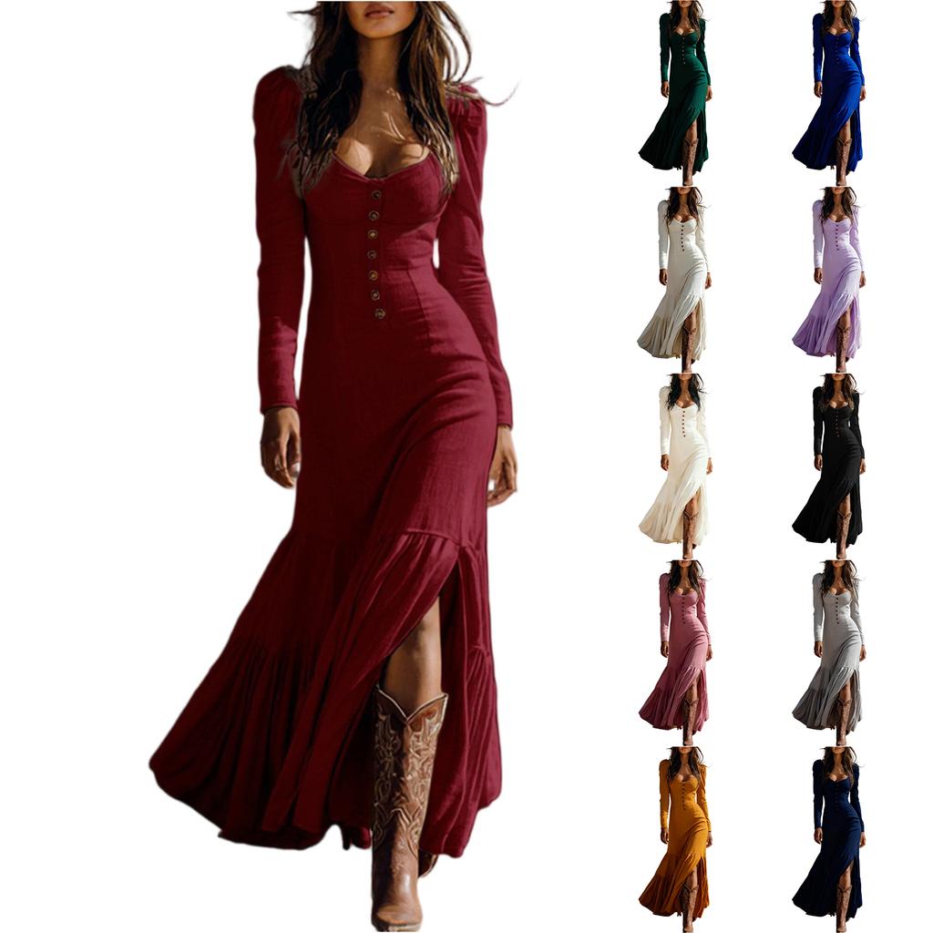 Women's Fashion Western Buttoned Gathered Long Sleeve Sexy Maxi Dress