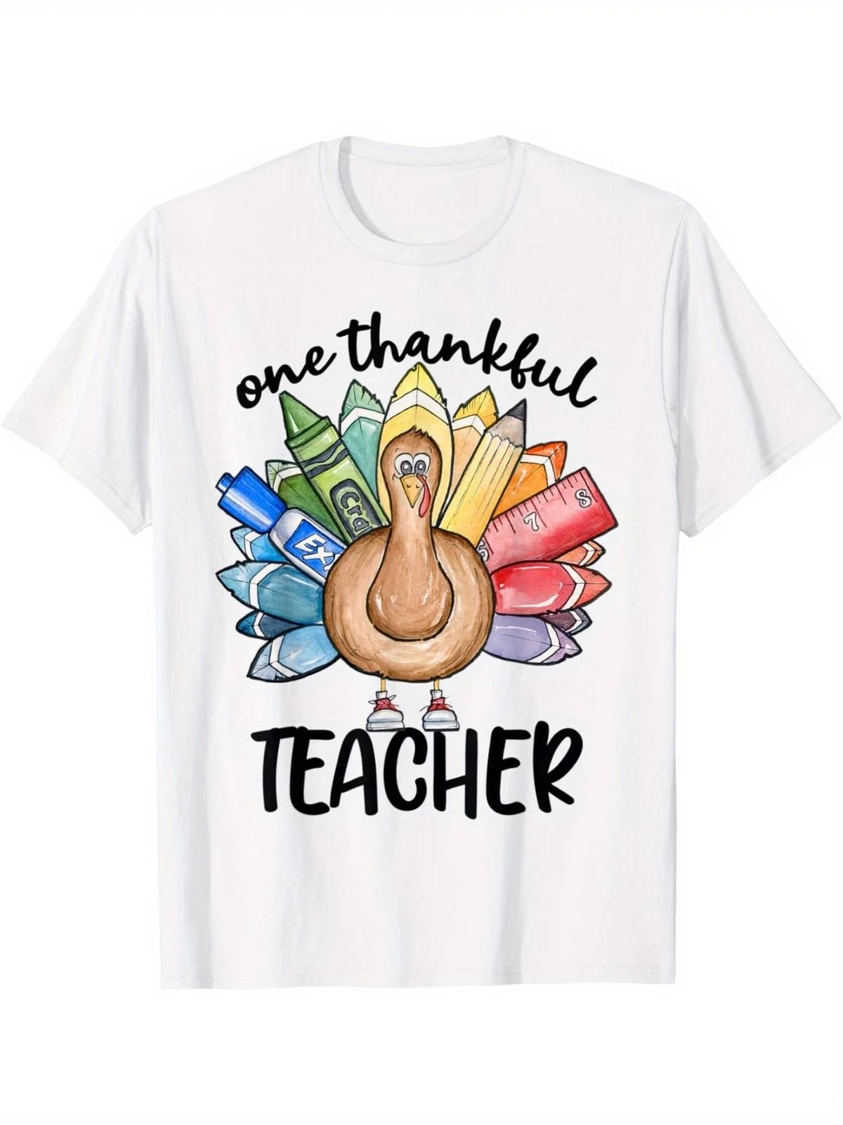 One Thankful Teacher Thanksgiving Turkey, Cute Crayon Pencil T-Shirt Summer Comf XL