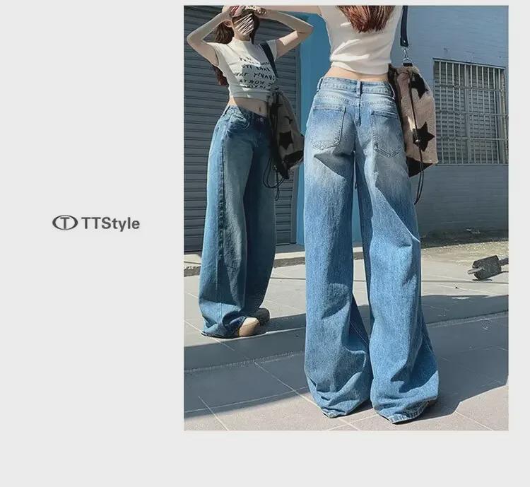 Blue Stone-Milled Wide-Leg Jeans for Women - Retro American Style, Low-Waist, Loose Fit, Drapey, Cracked, Floor-Length Jeans for Spring