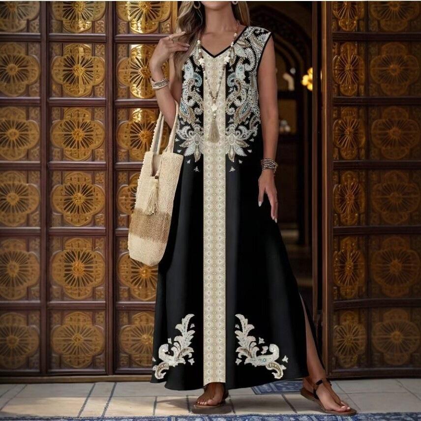 New Bohemian V-neck embroidered long dress sleeveless split beach vacation dress women's clothing