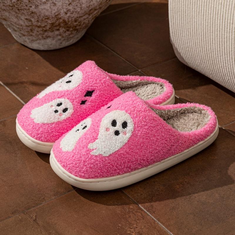 Halloween Women's Slippers Winter Pink Ghost Indoor Cartoon Comfort Home Bedroom Soft Causal Flat Plush Shoes for Gift
