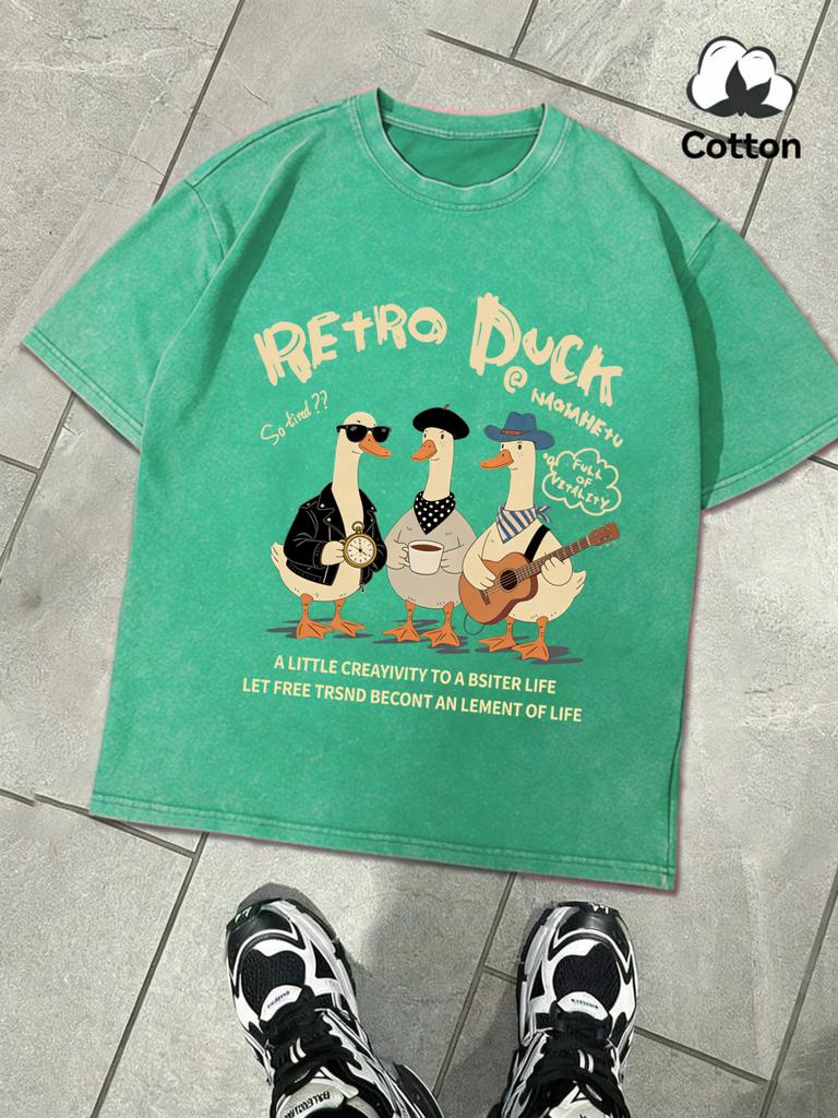 Retro Duck With Free Time Washed Mans TShirts Loose Fashion Tee Summer Cotton Short Sleeve Unisex Retro ONeck Streetwear