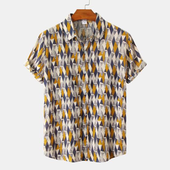 Men Shirt Vintage Style Geometric Print Colorful Turn-down Collar Summer Top Male Garment