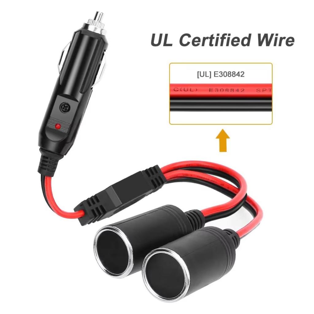 Extractme Car Cigarette Lighter Splitter Adapter Power Charger Port 16AWG 12/24V Plug Socket 2-Way Splitter with 15A Fuse