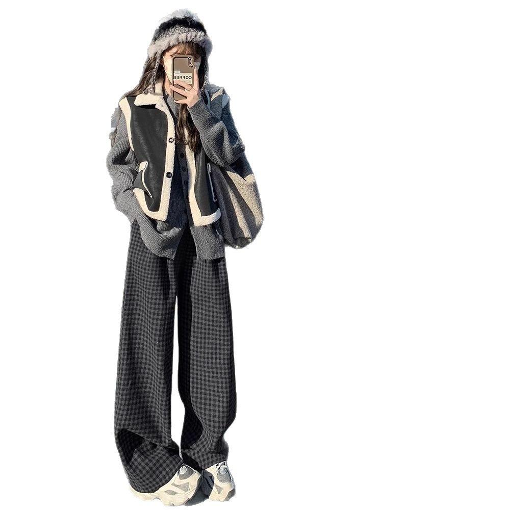 Black & Gray Wide-Leg Plaid Wool Pants, XS, High-Waisted, Petite Fit, Retro Style for Autumn/Winter