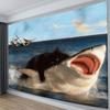 Lustiges Retro-Ölgemälde Wandteppich Schwarze Katze reitet auf Hai mit Meeressegelboot Wandbehang für Schlafzimmerdekoration