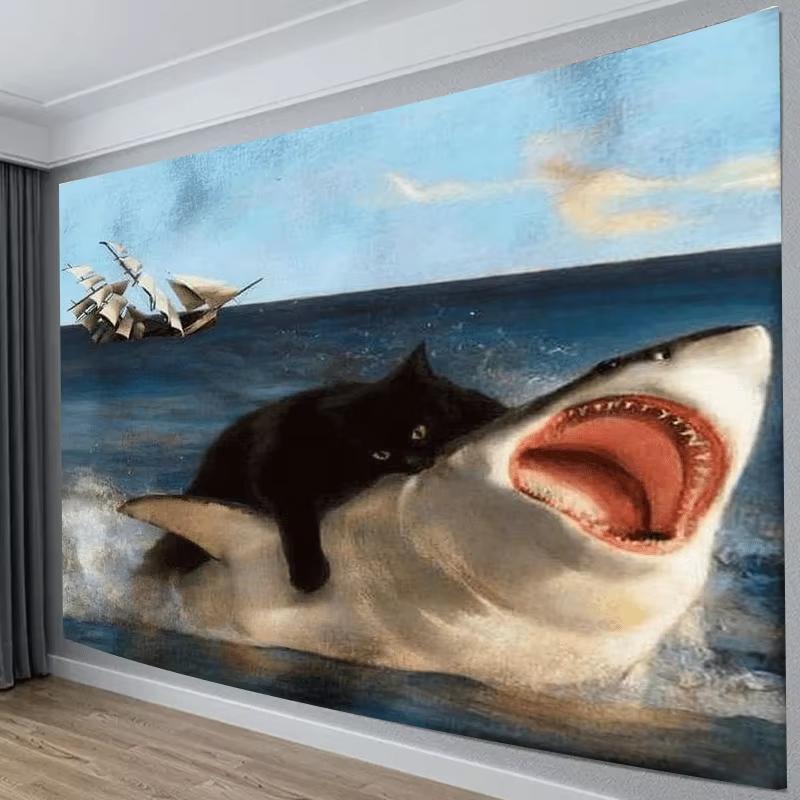 Lustiges Retro-Ölgemälde Wandteppich Schwarze Katze reitet auf Hai mit Meeressegelboot Wandbehang für Schlafzimmerdekoration