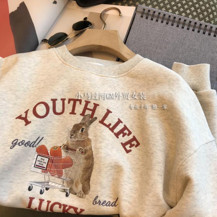 Autumn cartoon rabbit crew neck sweater female cute style simple loose velvet long-sleeved versatile student