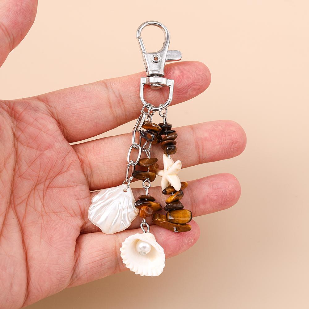 Fashion Summer Beach Starfish Shell Keychain Colorful Stone Key Ring Pendants for Women Girls Handbag Decor DIY Jewelry Gifts