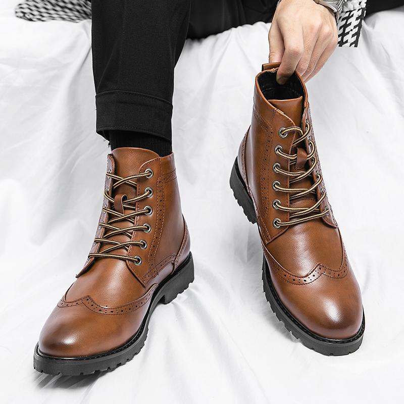 Winter Hot Selling Street Fashion Outdoor Workwear Shoes Thick Soled Men's High Top Shoes Lace Up Brown Ankle Boots for Men's