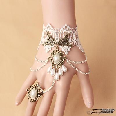 European Gothic Retro Tassel Bracelet with Pearl and Ring Chain