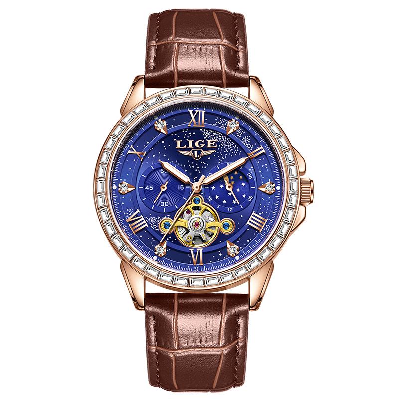 LIGE Men's Tourbillon Waterproof Mechanical Watch with Moon Phase