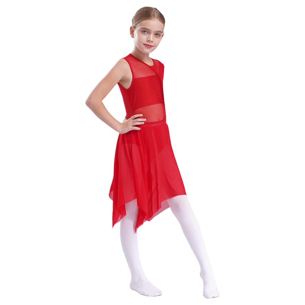 Kids Girls Lyrical Modern Contemporary Dance Dress Ballet Leotard Dress Cut Out Front Backless Mesh Tulle Skirt