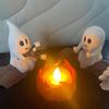 Ghost Campfire Gathering Scene Resin 2 Ghosts with Cat/Dog Making Smores Figurine Flickering LED Bonfire Halloween Night Light