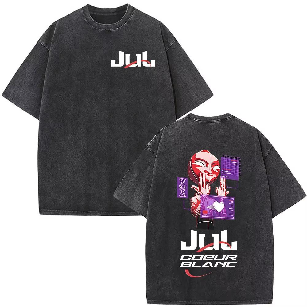 French Rapper Jul Album Merch Vintage Washed T Shirt Mens Clothing Cotton Casual Tshirts Fashion Hip Hop Short Sleeve Tshirts