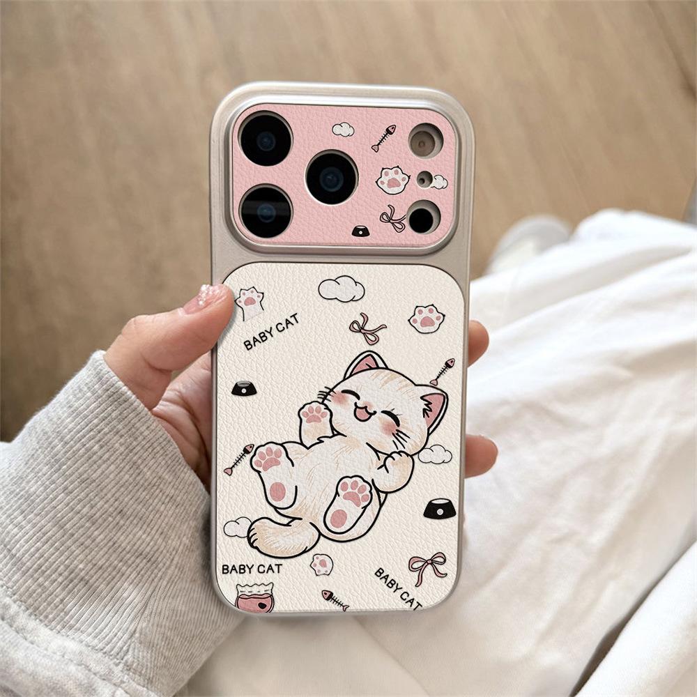 Applicable to Apple 17 cartoon play cat mobile phone case iPhone15promax all-inclusive 16 Pro fresh leather pattern