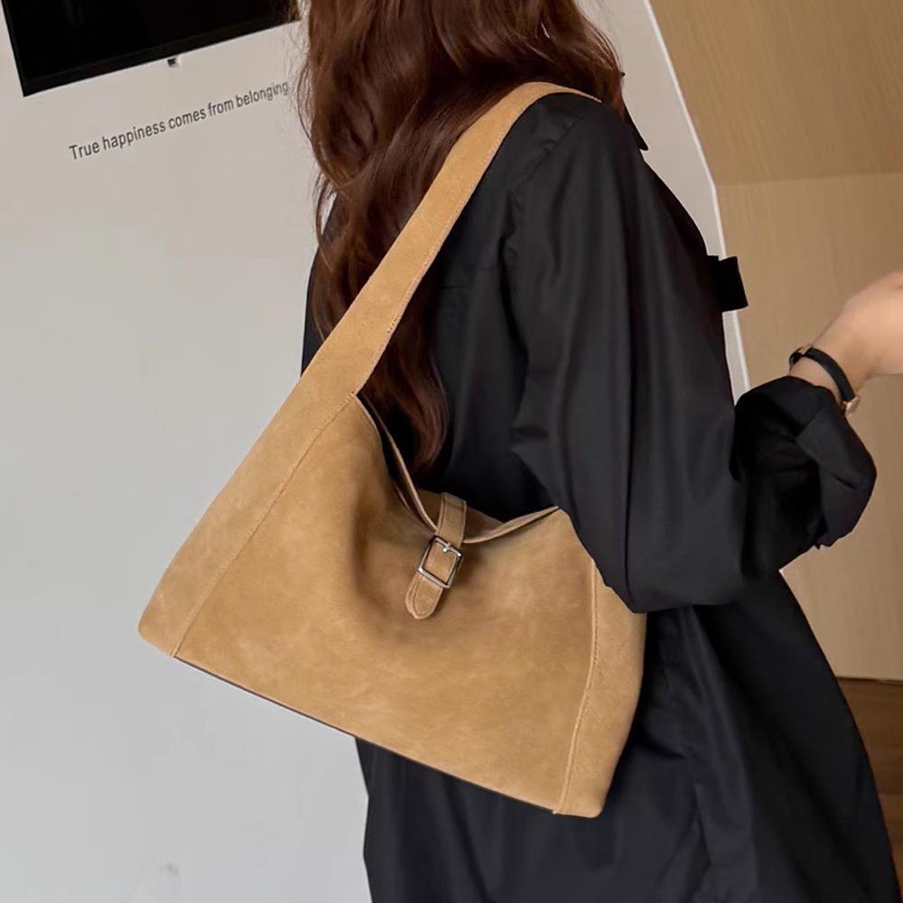 Genuine Grade Matte Suede Leather Women's Shoulder Brown Bag Luxury Designer Brand Coffe Female Underarm Bag Coffe Camel Daily